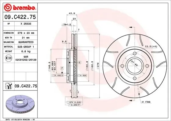Передние тормозные диски 09C42275 Brembo