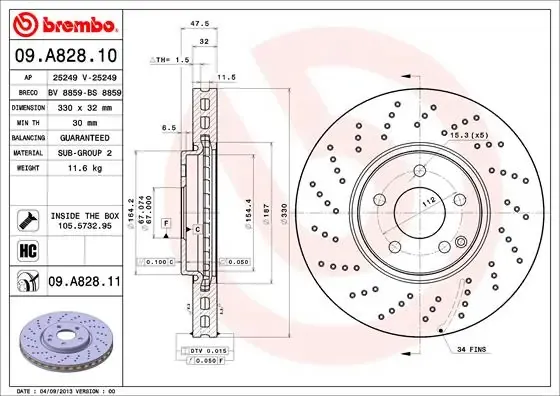 Передние тормозные диски 09A82811 Brembo