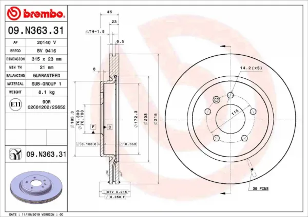 Тормозные диски 09N36331 Brembo