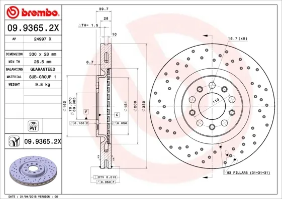 Передние тормозные диски 0993652X Brembo