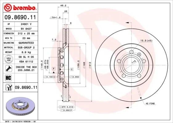 Передние тормозные диски 09869011 Brembo