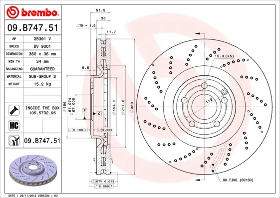 Передние тормозные диски 09B74751 Brembo