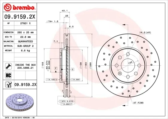 Передние тормозные диски 0991592X Brembo