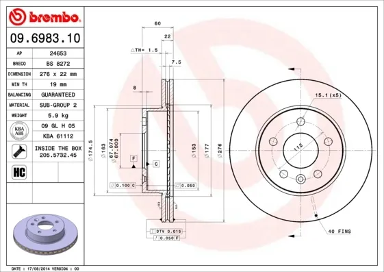 Передние тормозные диски 09698310 Brembo