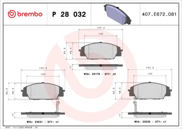 Передние тормозные колодки P28032 Brembo