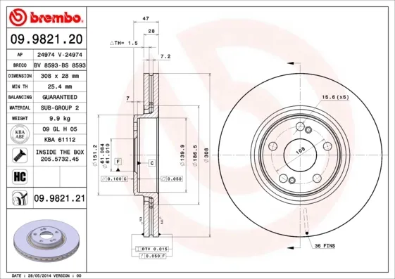 Передние тормозные диски 09982121 Brembo