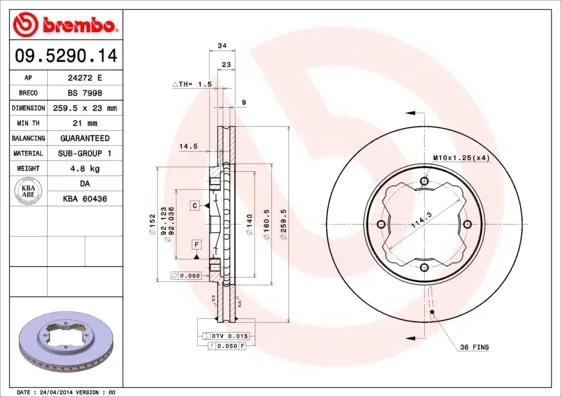 Передние тормозные диски 09529014 Brembo