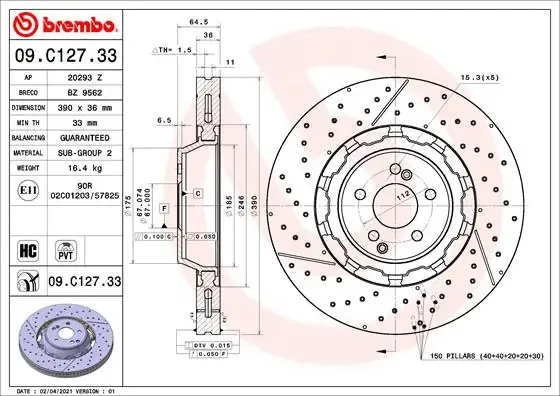 Передние тормозные диски 09C12733 Brembo