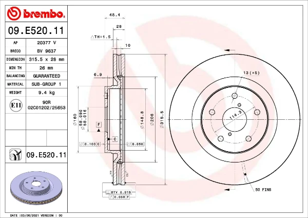 Передние тормозные диски 09E52011 Brembo