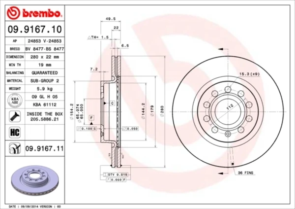 Диск тормозной передний BREMBO 09916711
