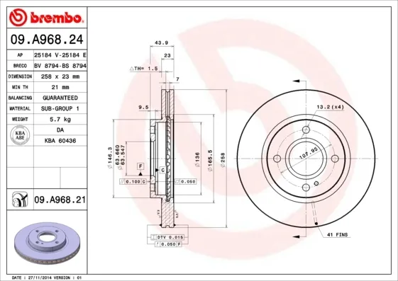 Передние тормозные диски 09A96821 Brembo