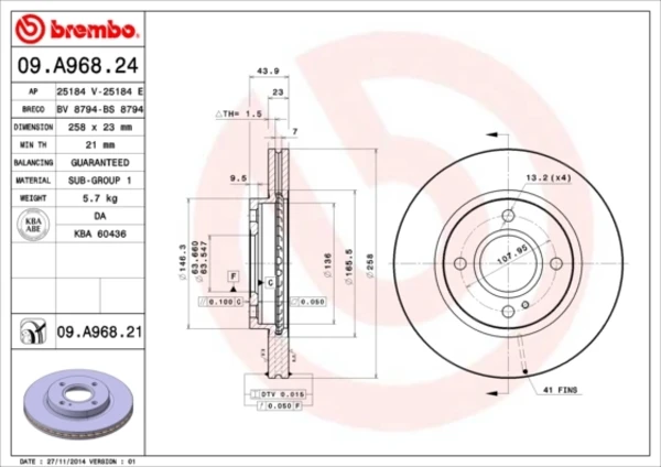 Диск тормозной передний BREMBO 09A96824
