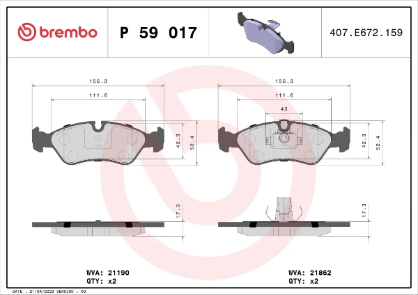 Передние тормозные колодки P59017 Brembo
