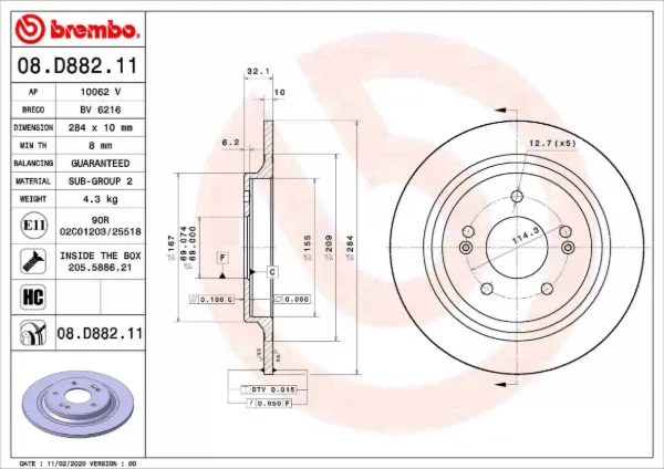 Тормозные диски 08D88211 Brembo