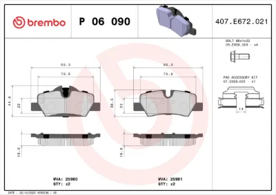 Колодки тормозные задние дисковые BREMBO P06090