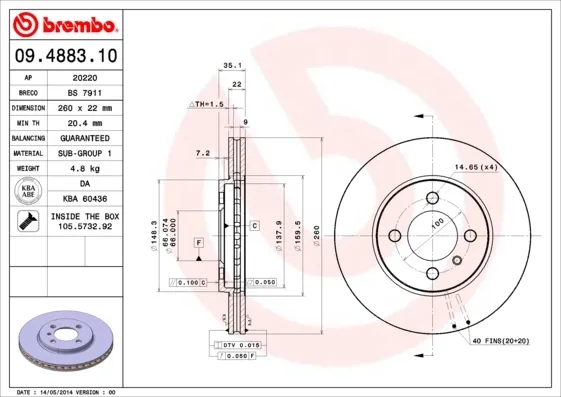 Передние тормозные диски 09488310 Brembo