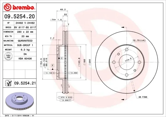 Передние тормозные диски 09525420 Brembo