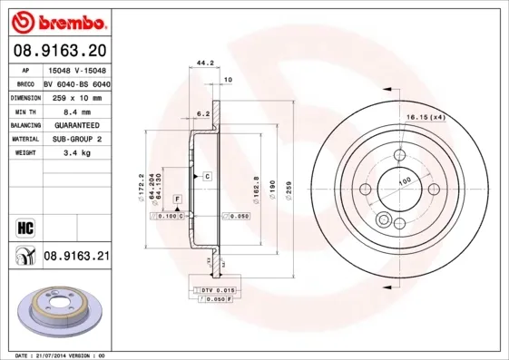 Тормозные диски 08916321 Brembo