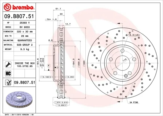 Передние тормозные диски 09B80751 Brembo
