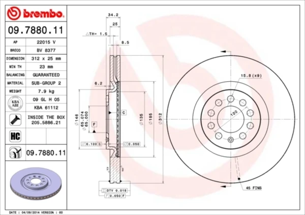 Передние тормозные диски 09788011 Brembo