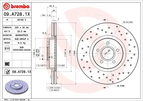 Передние тормозные диски 09A7281X Brembo