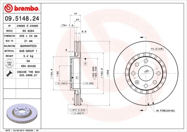 Передние тормозные диски 09514824 Brembo