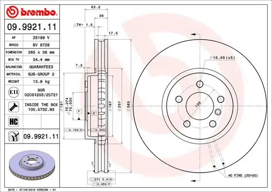 Передние тормозные диски 09992111 Brembo