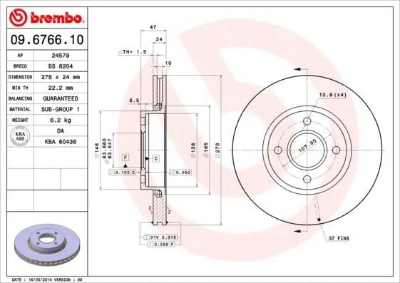 Передние тормозные диски 09676610 Brembo