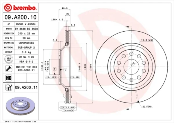 Тормозные диски 09A20011 Brembo