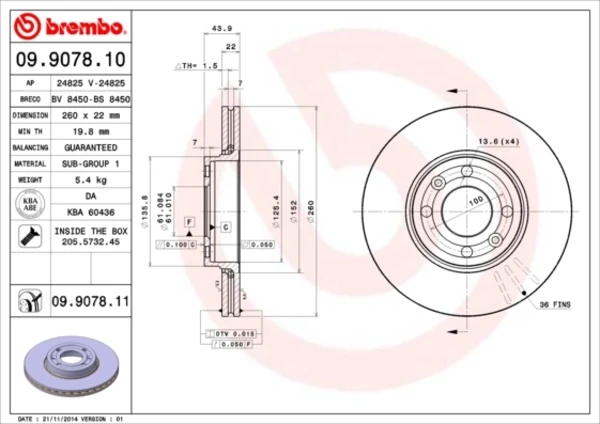 Диск тормозной передний BREMBO 09907811