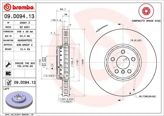 Передние тормозные диски 09D09413 Brembo