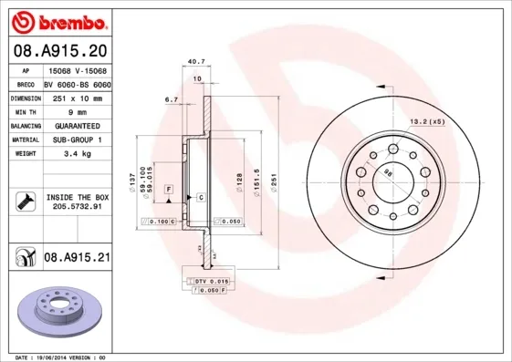 Тормозные диски 08A91521 Brembo