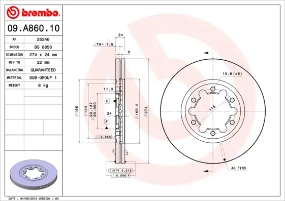 Передние тормозные диски 09A86010 Brembo