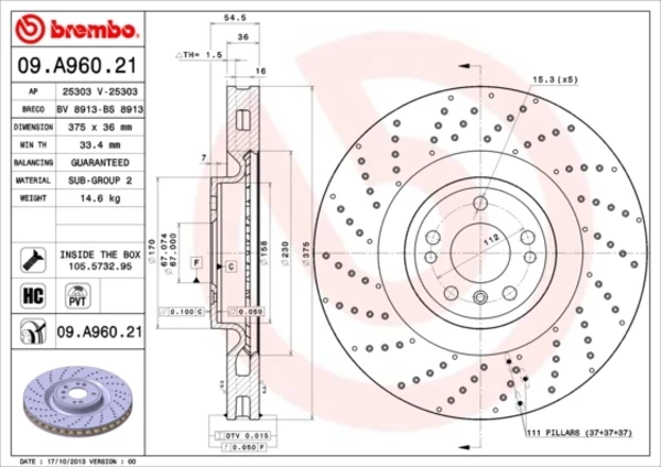 Диск тормозной передний BREMBO 09A96021