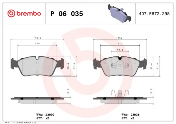 Передние тормозные колодки P06035 Brembo