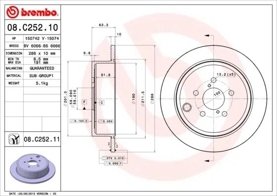 Тормозные диски 08C25211 Brembo