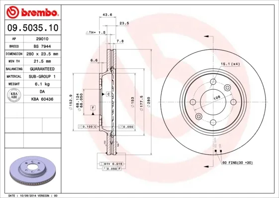 Передние тормозные диски 09503510 Brembo