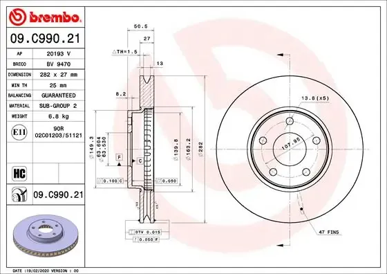 Передние тормозные диски 09C99021 Brembo