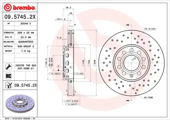 Передние тормозные диски 0957452X Brembo