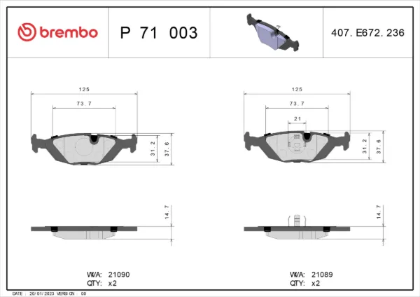 Задние тормозные колодки P71003 Brembo