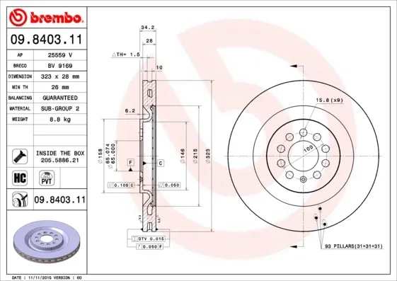 Передние тормозные диски 09840311 Brembo