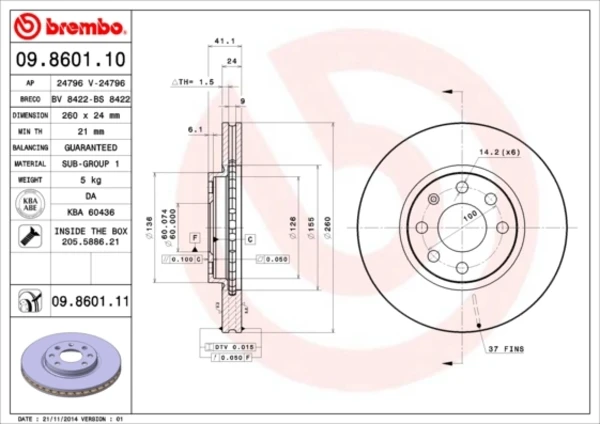 Передние тормозные диски 09860111 Brembo