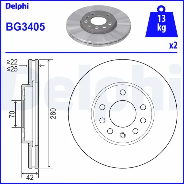 Передние тормозные диски BG3405 Delphi