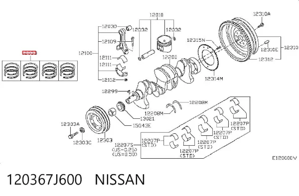 Кольца поршневые комплект на мотор, 2-й ремонт (+0,50) 120367J600 Nissan/Infiniti