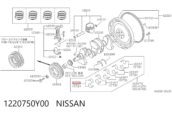 Вкладыши коленвала коренные, комплект, стандарт (STD) 1220750Y00 Nissan/Infiniti