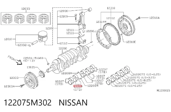 Вкладыши коленвала коренные, комплект, стандарт (STD) 122075M302 Nissan/Infiniti