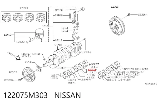 Вкладыши коленвала коренные, комплект, стандарт (STD) 122075M303 Nissan/Infiniti
