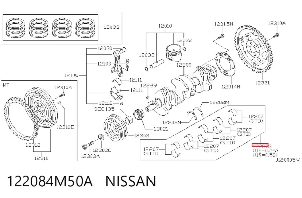 Вкладыши коленвала коренные, комплект, 1-й ремонт (+0,25) 122084M50A Nissan/Infiniti