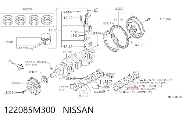 Вкладыши коленвала коренные, комплект, 1-й ремонт (+0,25) 122085M300 Nissan/Infiniti