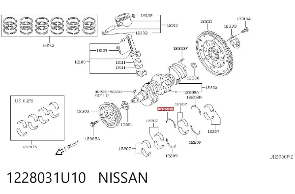 Полукольцо упорное (разбега) коленвала верхнее 1228031U10 Nissan/Infiniti
